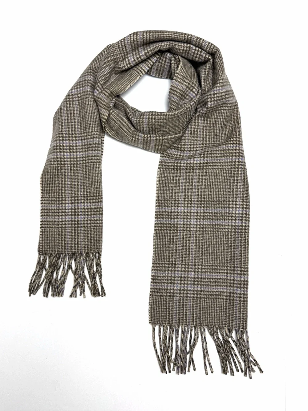 Amicale Cashmere Scarf Glen Plaid Taupe Beige Blue Fringe 12x64 Men's Women's